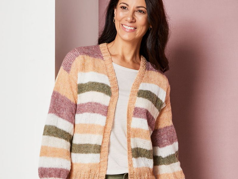 Free Knitting Pattern for a Moda Vera Faux Mo Stripe Cardigan