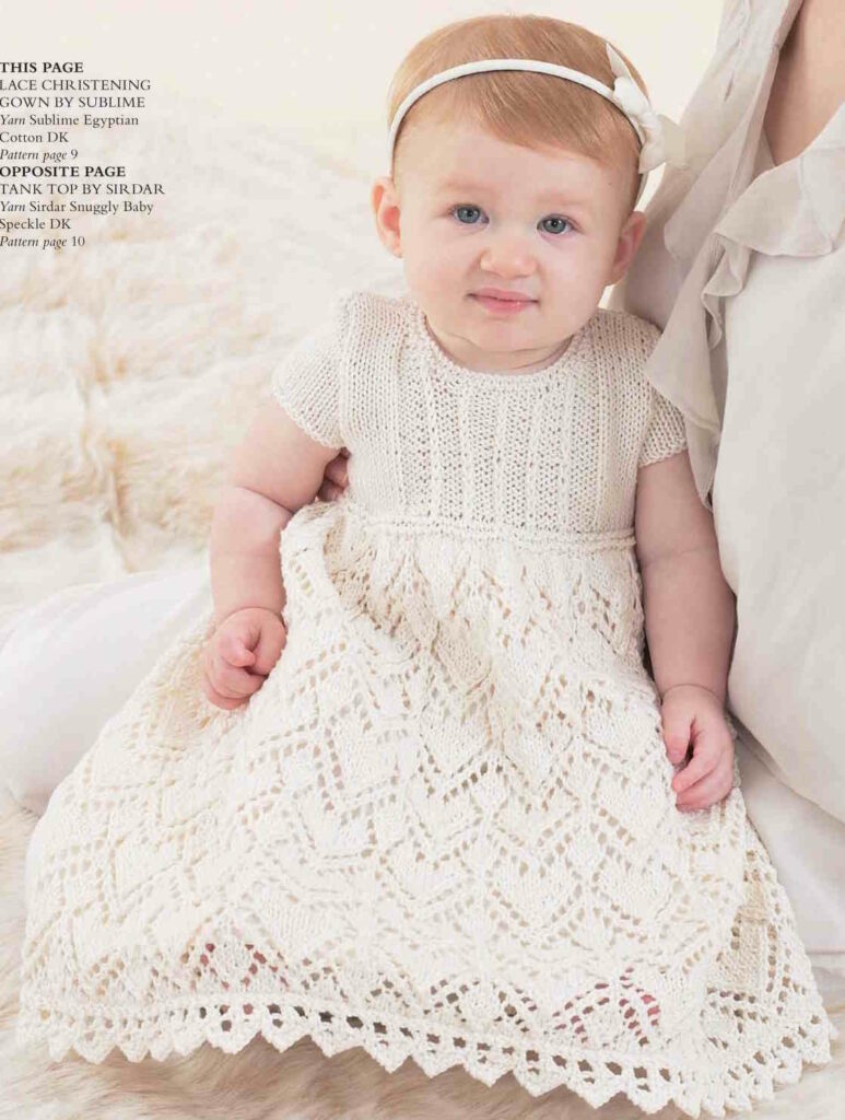  White lace knit baby christening dress pattern with reversed stockinette panels.