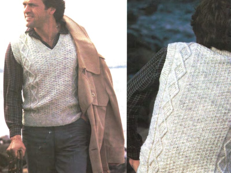 Man’s Aran Vest Free Knitting Pattern with Argyle Cable