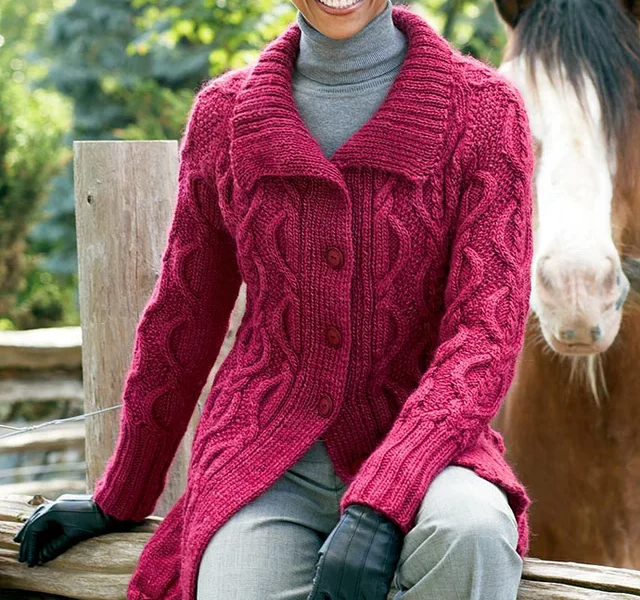 Long Cabled Cardigan with Collar Free Knitting Pattern