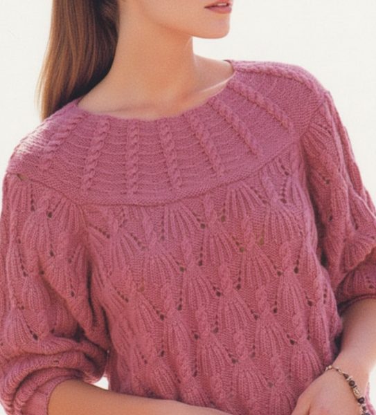 Elegant Cable-Yoke Cotton Sweater