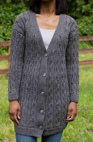 Long Cabled Cardigan with V Neckline