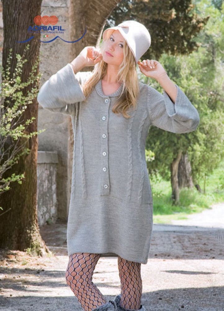 Grey wool button-up cable dress with ribbed collar and cuffs.