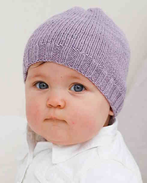 baby beanie in lavender knitted fingering weight yarn