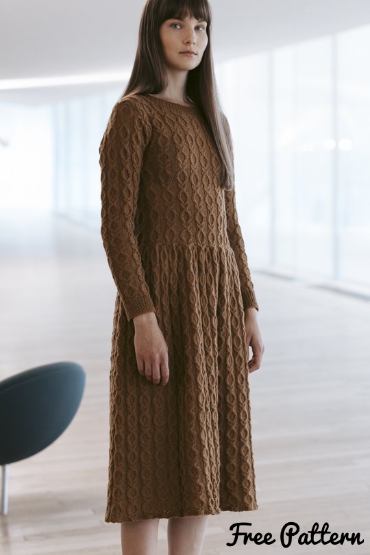 Brown colored fitted dress with intricate cable and pleat skirt.