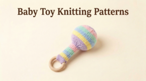 a striped pastel colored rainbow knitted baby rattle