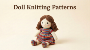 a knitted doll toy with brown yarn hair and clorful dress